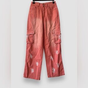 Pink Coral Ombré Wide Leg Cargo Denim Pants Cotton Y2K Streetwear Sz Small